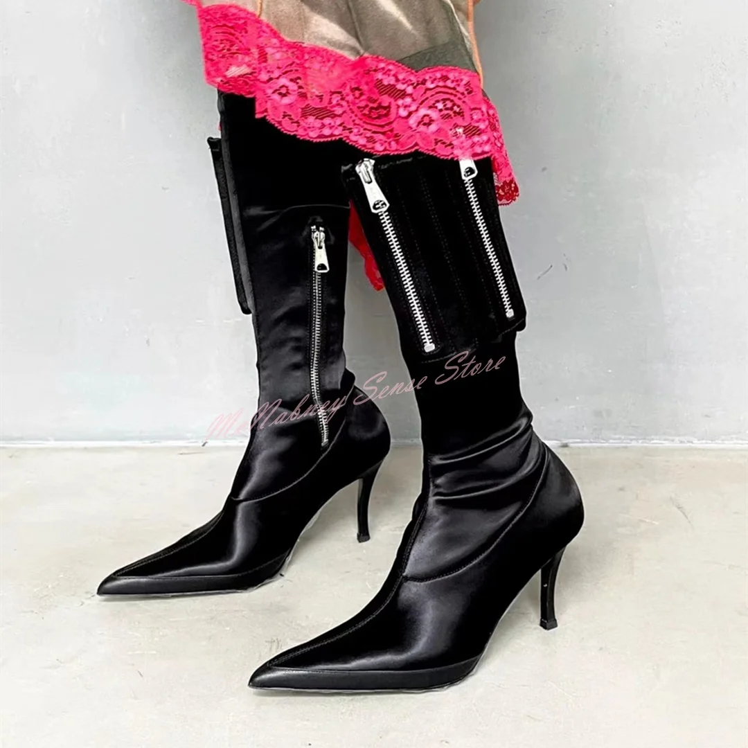 

Pocket Zipper Short Boots Pointy Toe Solid Stiletto Heels New Style Mix Calf Boots Spring Autumn Runway Women Shoes Designer New