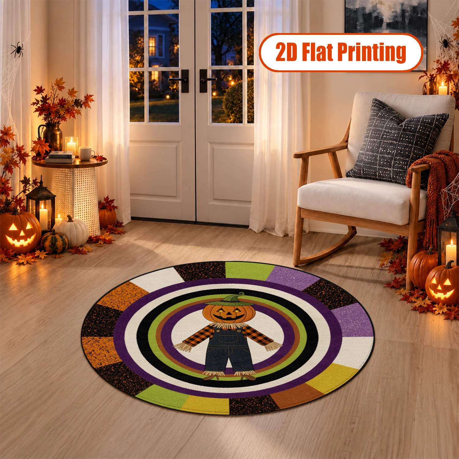 Pumpkin Scarecrow Pattern Round Velvet Area Rug, Machine Washable Soft Floor Rug for Living Room, Entryway, Dining Room, Bedroom, Perfect for Halloween, Thanksgiving, Christmas, New Year, Black Friday, Cyber Monday Holiday Home Decor
