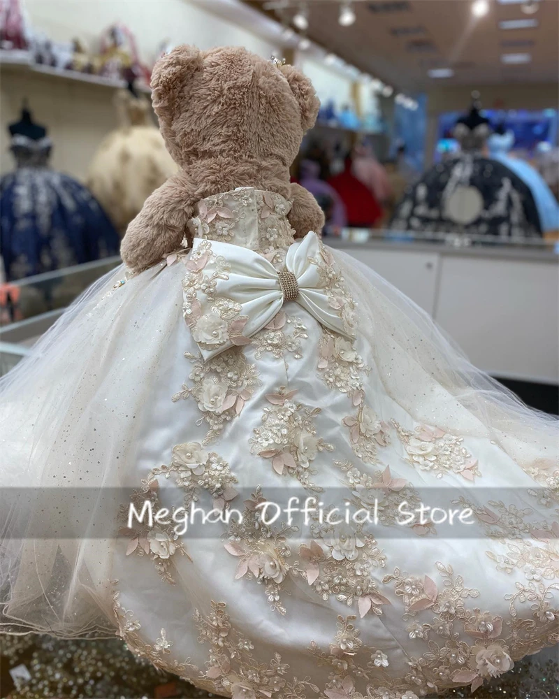 

Champagne Special Link Sweetheart Personalized Quinceanera Teddy Bear With Dresses Appliques 3D Flowers Mini Quinceanera Dress