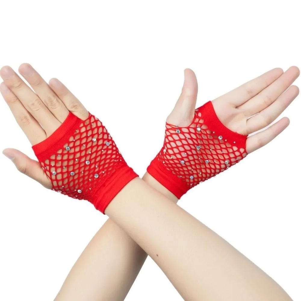 Party Elastic Rhinestone Gloves Black White Shiny Fishnet Fingerless Gloves Punk Gothic Style Long Gloves Party Wear