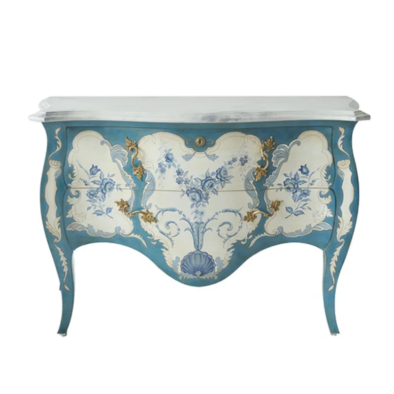 

Court style solid wood painted floral foyer cabinet exquisite French villa living room furniture blue entryway cabinet furniture