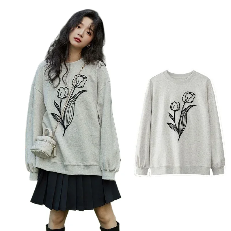 2024 New Cotton American Crew Neck Sweater Women's Autumn Long-sleeved Top + Black Pleated Short Skirt Women's Two-piece Set