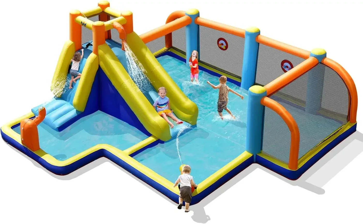 Opblaasbare waterglijbaan, 15x16.5FT Mega Watervoetbal Waterglijbaan Park voor buitenplezier met groot splashzwembad, klimmuur