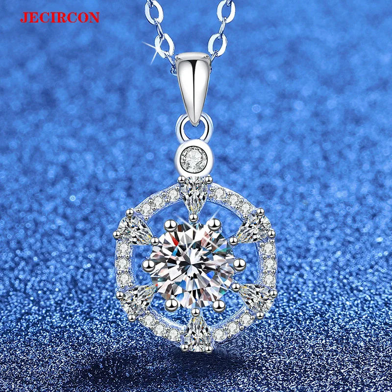 

JECIRCON S925 Sterling Silver Necklace for Women, 1 Carat Moissanite Compass Pendant, Classic Circular Sparkling Choker Chain