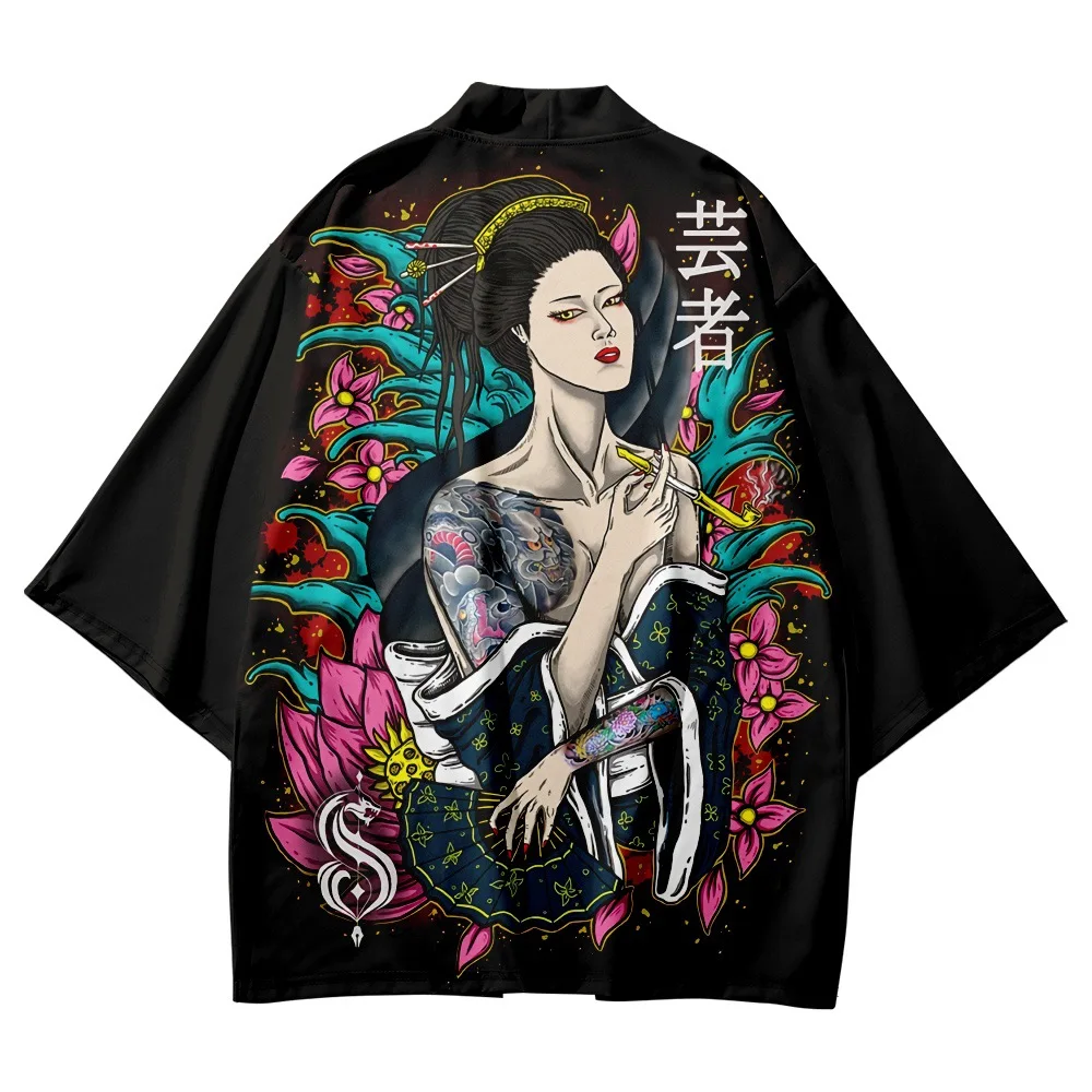 

Casual Manga Print Kimono Streetwear Men Cardigan Haori Japanese Style Black Robe Clothes Summer Beach Shirts Tops