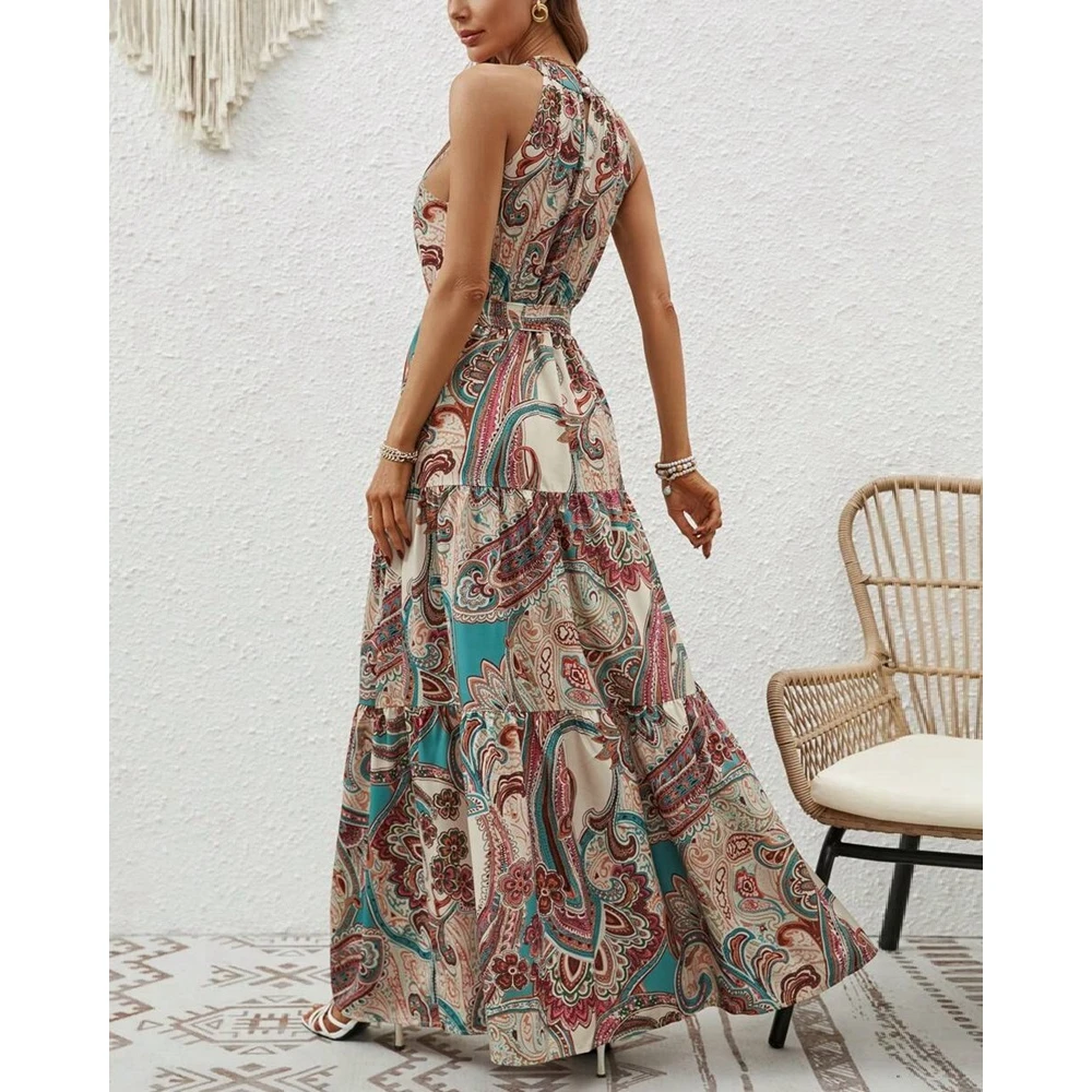 

Women Ethnic Print O-Neck Sleeveless Maxi Elegant Outfits Dress Femme Tierred Ruched Tied Detail A-Line Long Party Summer Dress