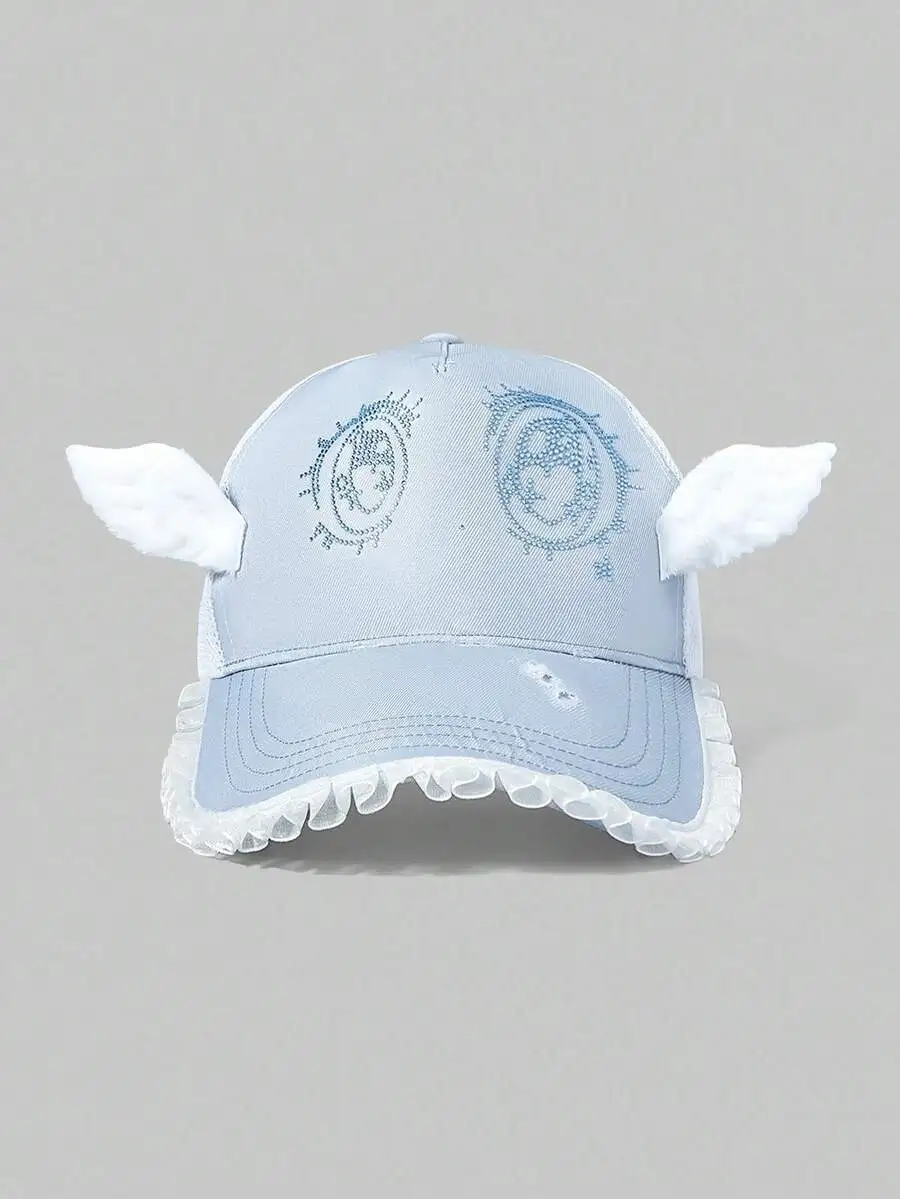 

Y2K Kawaii Sweet Cute Wings Big Eyes Rhinestone Lace Patchwork Blue White Baseball Cap For Anime Travel Outings