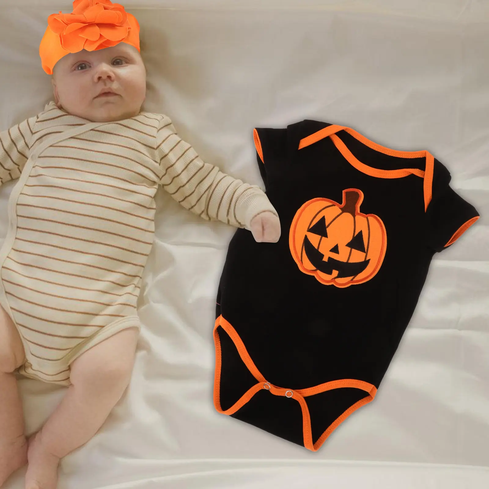Newborn Baby Halloween Pumpkin Romper Bodysuit Short Sleeve Set Infant Headband First Halloween Outfit Fall Party