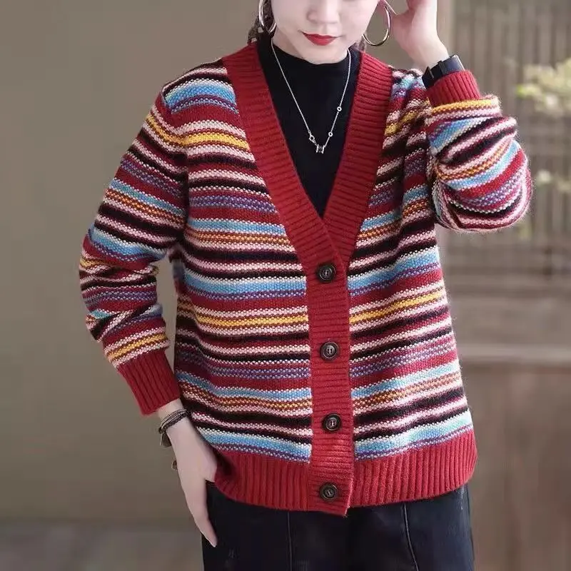 2026 Spring Autumn Knitted Top Women's Cashmere Sweater Winter New Fashion Color Thread Cardigan Women's Casual Loose Jacket
