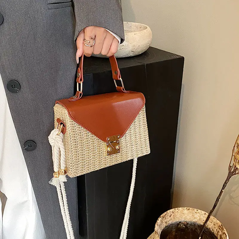 Woven bag women in 2024 fashionable and versatile patchwork contrasting colors carrying summer diagonal beach bag