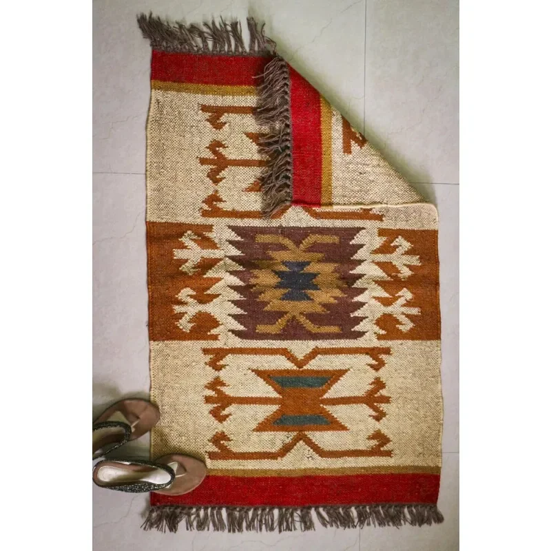 Rug Wool Jute Indian Village Vintage Kilim Handwoven Carpet Rectangle Area Rug