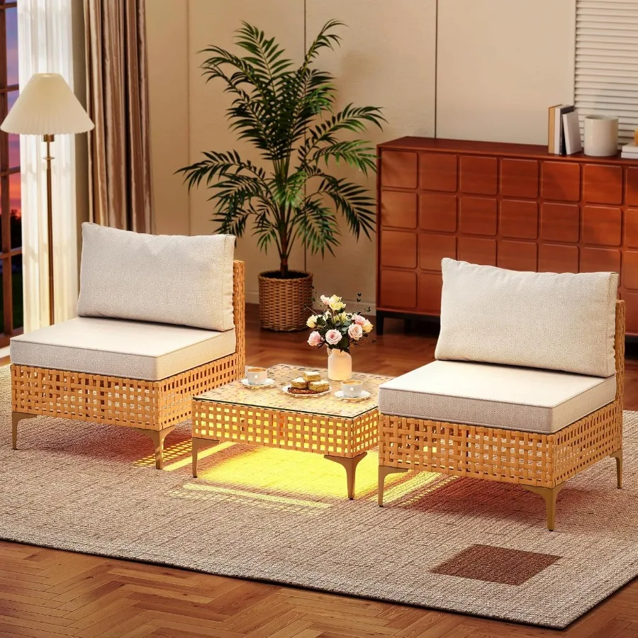 طقم أريكة مقطعي خارجي مكون من 3 قطع مع طاولة إضاءة تعمل بالطاقة الشمسية ووسائد مقاومة للماء لشرفة حديقة الشرفة AllWea #2