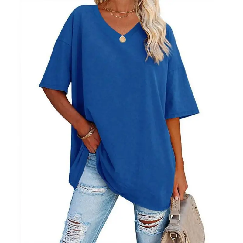 Casual Fashion Brand New T-shirt Women 2024 New Solid Color Short-sleeved V-neck Cotton Base Shirt Ins Fashion Waist Women's Top