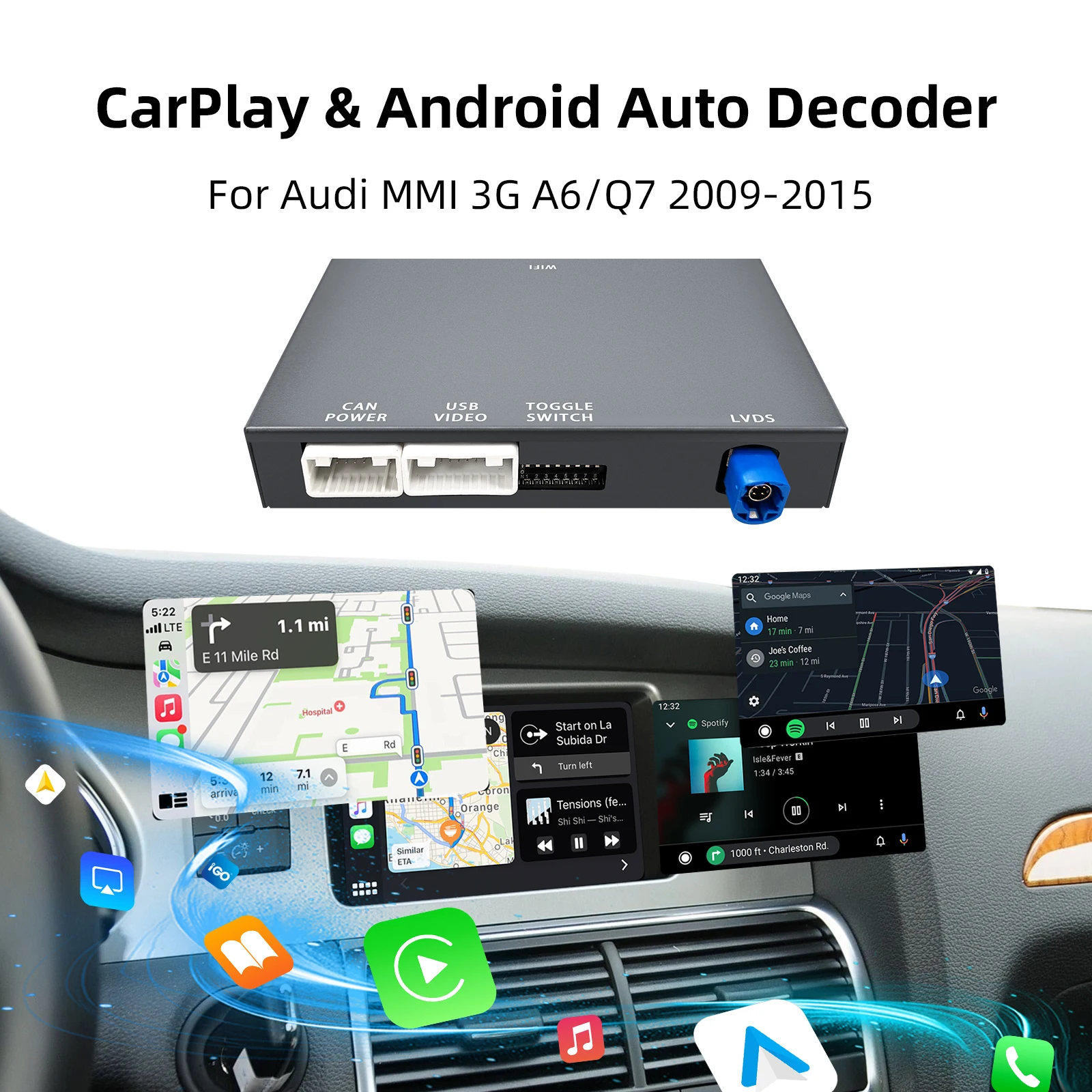 صندوق فك ترقية شاشة OEM لشاشة Audi A6 Audi Q7 2009-2015، شاشة 6.5 بوصة/7 بوصة، MMI 3G مع مجموعة CarPlay وAndroid Auto Retrofit Kit