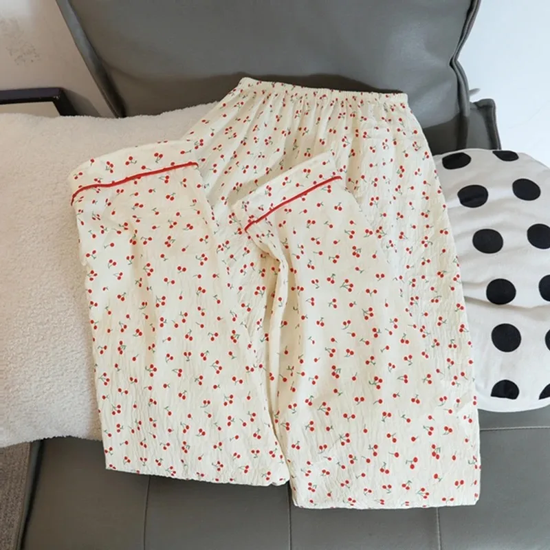 Conjuntos de pijamas de cerezas para mujer, ropa de dormir de primavera, conjuntos para mujer, cárdigan con solapa, conjunto de 2 piezas, pijama bonito y dulce para mujer, traje para casa