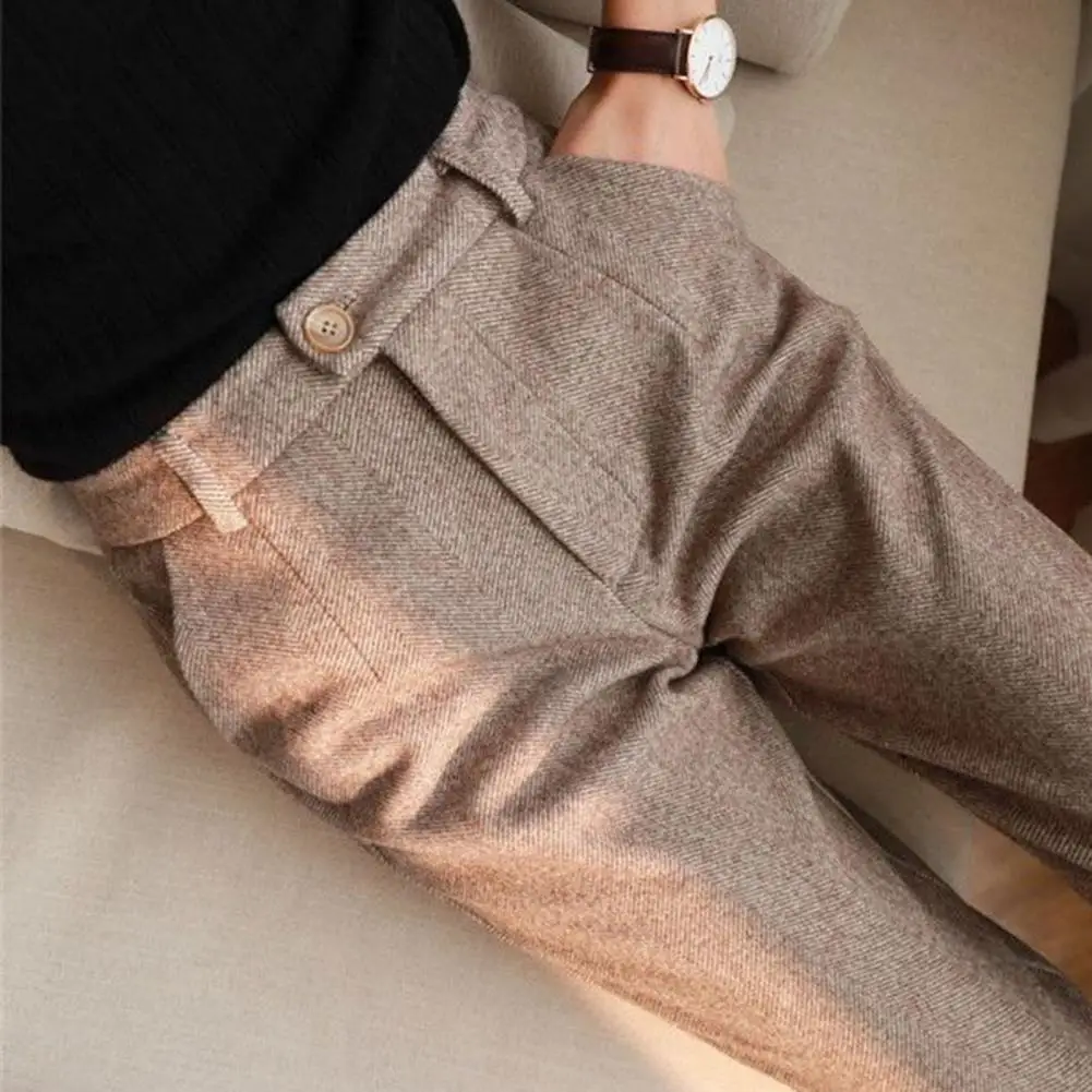 Women Formal Pants Herringbone Print Women\'s Suit Pants High Waist Slim Fit Thick Warm with Pockets for Formal Commute for Women