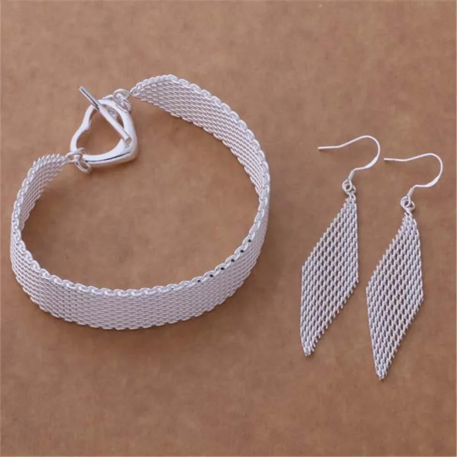 

Hot Street fashion 925 sterling Silver Net chain bracelets earrings for women Jewelry sets designer Party wedding Holiday gifts