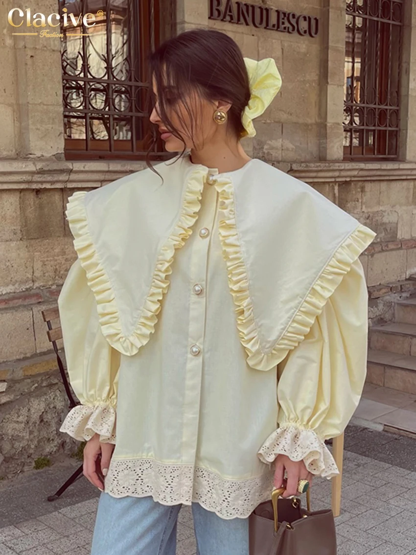

Модная свободная желтая хлопковая женская блузка Clacive, осенняя, с отложным воротником, длинным рукавом, элегантная классическая рубашка с рюшами, женская одежда
