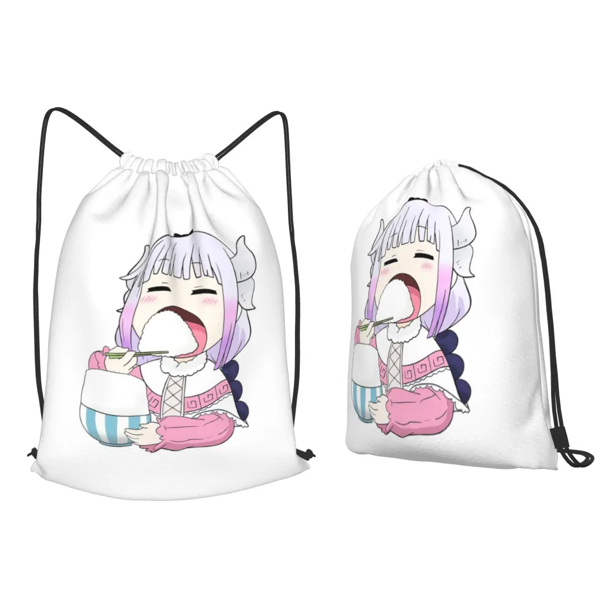 Kanna Eating Rice - Miss Kobayashi's Dragon Maid Anime Backpacks Drawstring Bags Shoes Bag Book Bags for Man Woman Students