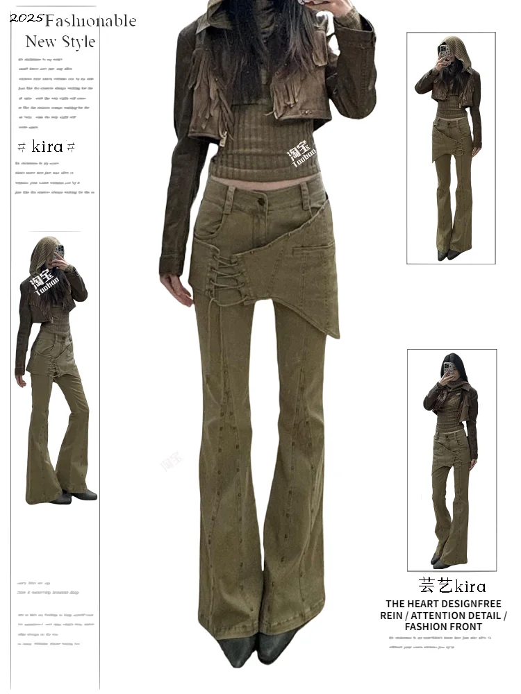 

Women's Khaki Flare Pants Y2k Retro Emo 2000s Streetwear Fashion Trousers Harajuku Wide Yoga Pants 90s Aesthetic Clothes