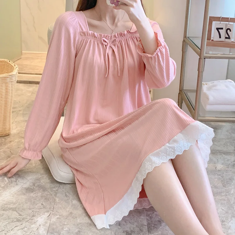 Princess Style Long Sleeve One Shoulder Sleepwear Women's Home Clothes Pure Color Sweet Home Suit Youth Autumn Sleep Dress