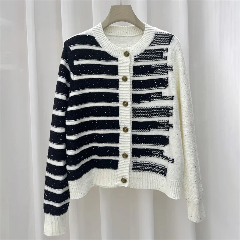 

Cardigan for women New elastic knitted long sleeved top for autumn 2025 Sequin decorative stripes Women's sweater Women's coat