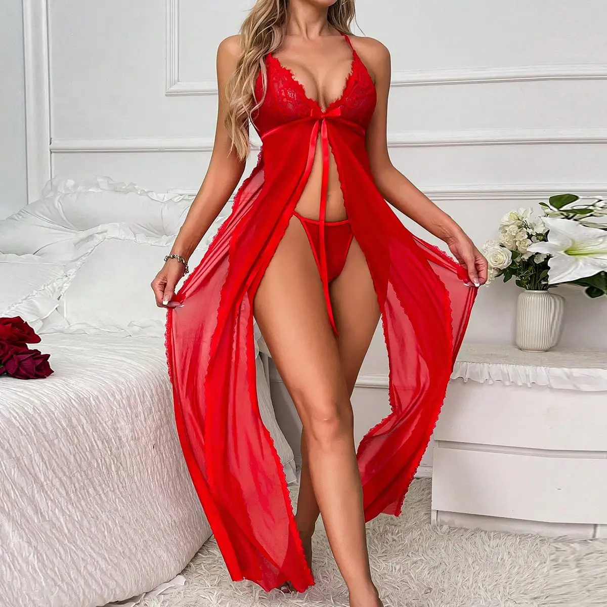 

Advanced Sexy Seductive See through Outfit Triangular Cup Deep V-Neck Seamless Bra Split Bow Thong Dress