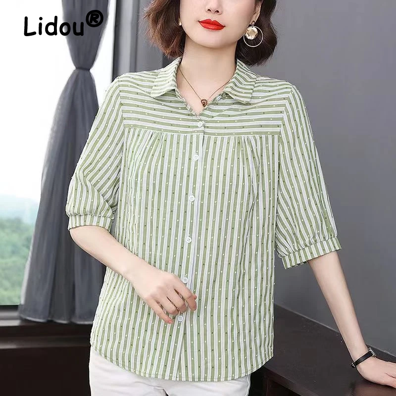 

Women's Korean Fashion Striped Print Button Up Shirt Elegant Commute Half Sleeve Blouse Summer Casual Loose Tops Blusas De Mujer