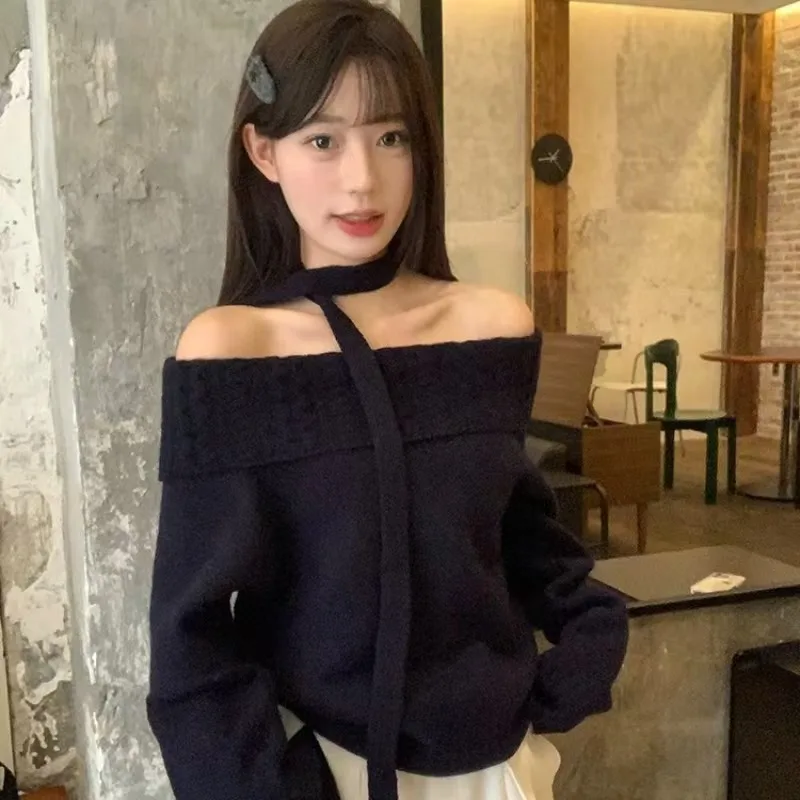 FIGOHR Korean One Shoulder Sweater Women's Slim Fit Knitted Shirt Solid Color Top 2025 Spring