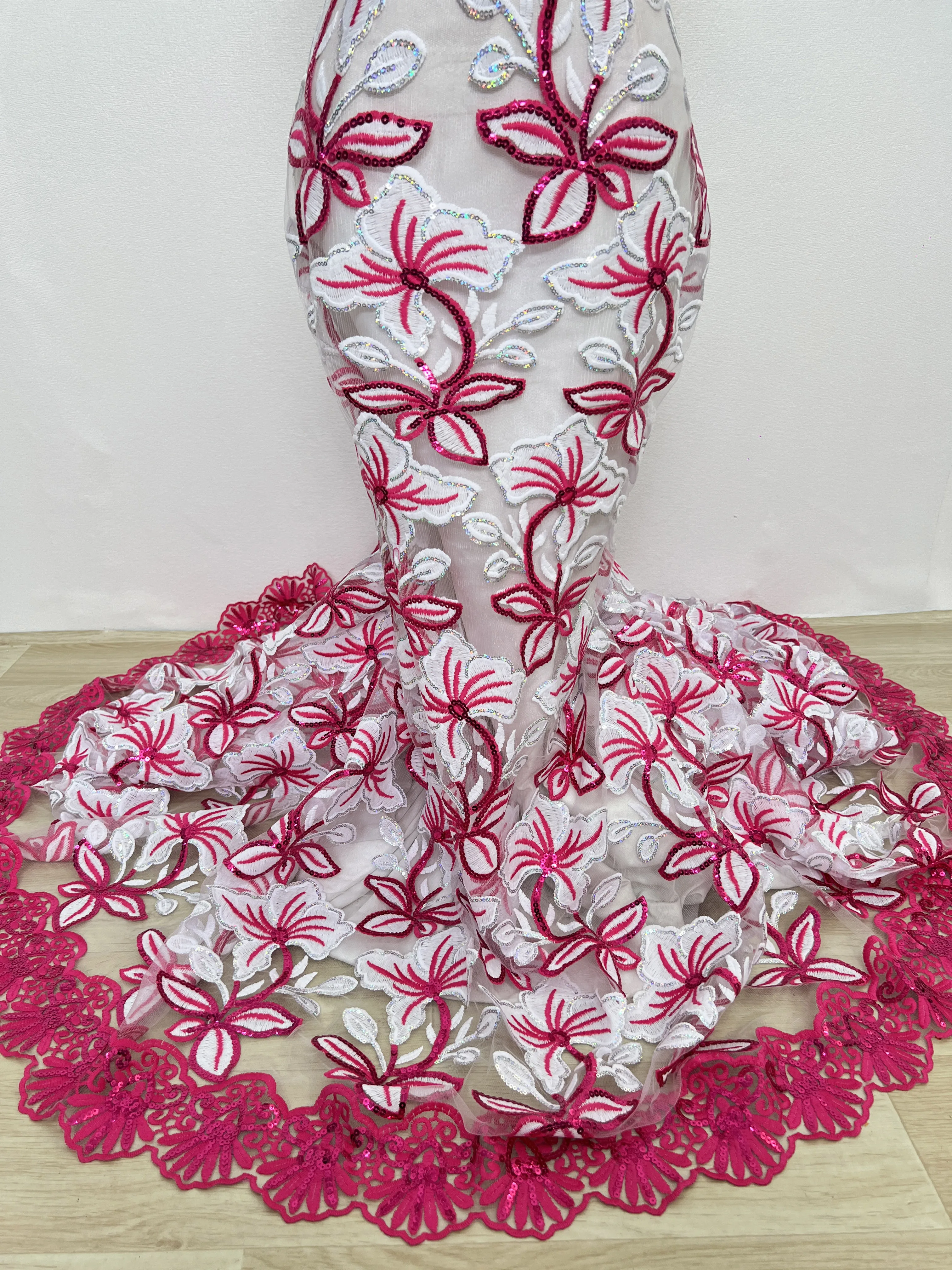 

SJD LACE French Nigerian Milk Silk Sequins Lace Fabrics 2024 High Quality 5 Yards African Mesh Lace For Sewing Women Dress 4101