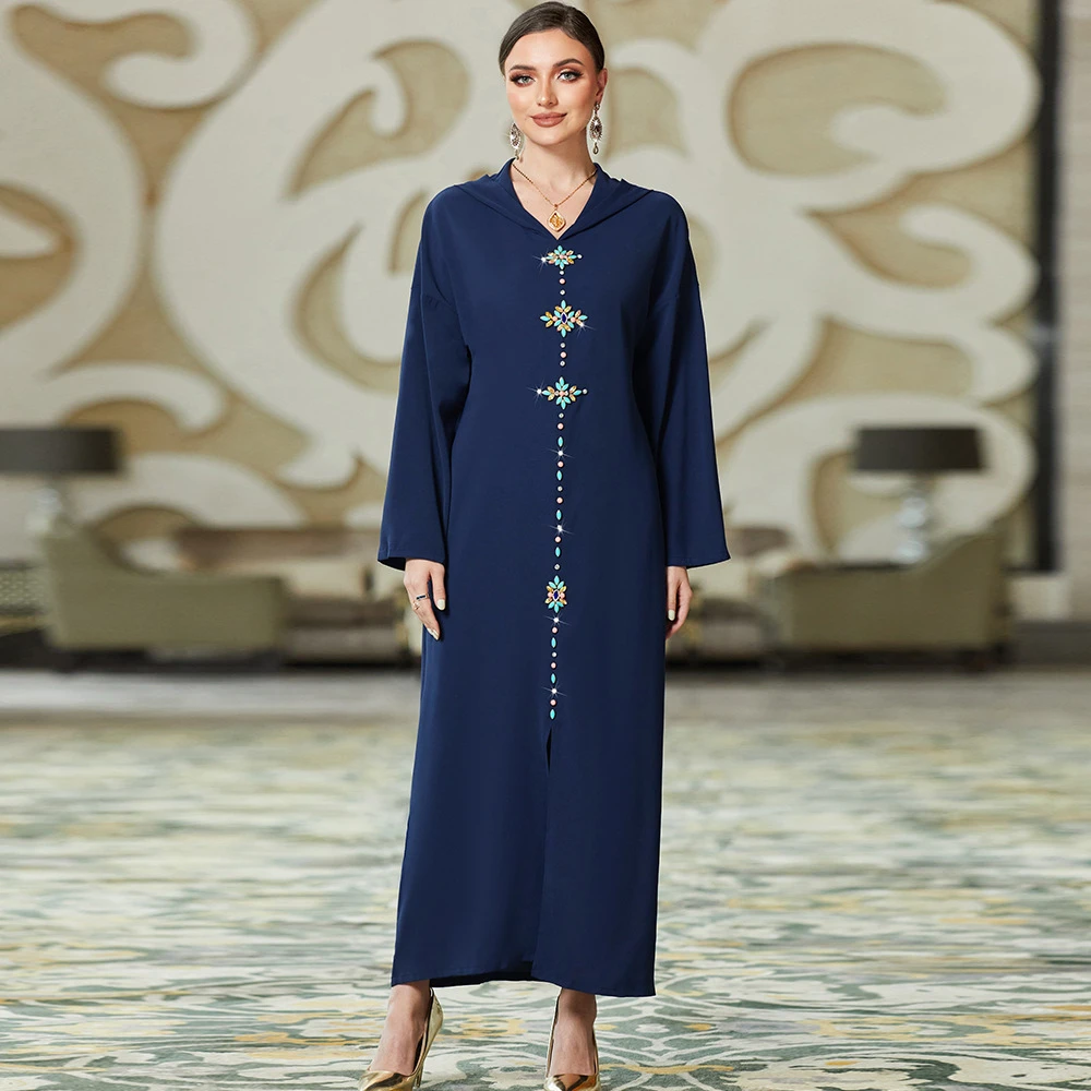 

Muslim Abaya Dress Hooded Caftan Marocain Women Daimonds Robe Split Hem Gulf Jalabiya Femme Musulmane Longue Vestidos Largo Gown