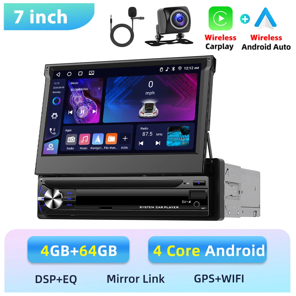 Podofo 1 Din Carplay 6+128G Intelligent Autosysteem Draadloos Android Auto Carplay 7'' Auto Multimedia Speler GPS Wifi 4G BT USB