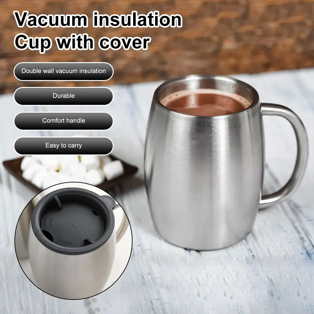 

420ml Portable Double Wall Vacuum Insulation Coffee Cup Travel Stainless Steel Beer Mug with Handle Lid for Home Travel