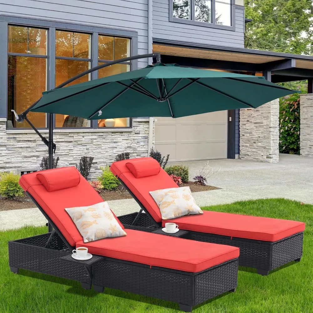 Chaise Lounge Chairs for Outside, 5-Speed Adjustable Patio PE Rattan Lounge Chairs with Cup Holder and Cushions, Outdoor Reclini