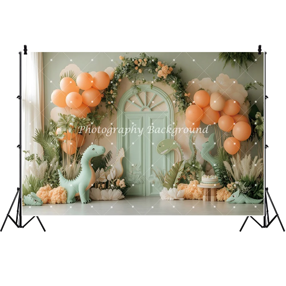 Cartoon dinosaurus achtergrond schattige dinosaurus tropische jungle kinderen verjaardag baby shower partij ballon decor fotografie achtergrond