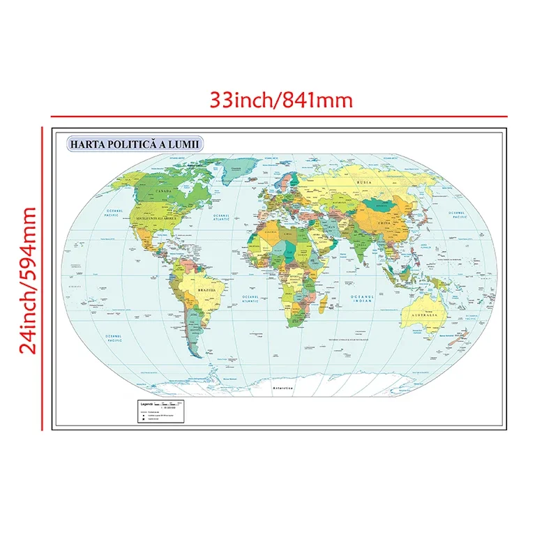 Mapa del mundo en lienzo de 84x59cm, pintura rumana, mapa mundial de distribución política, imagen para decoración de oficina y sala de estar