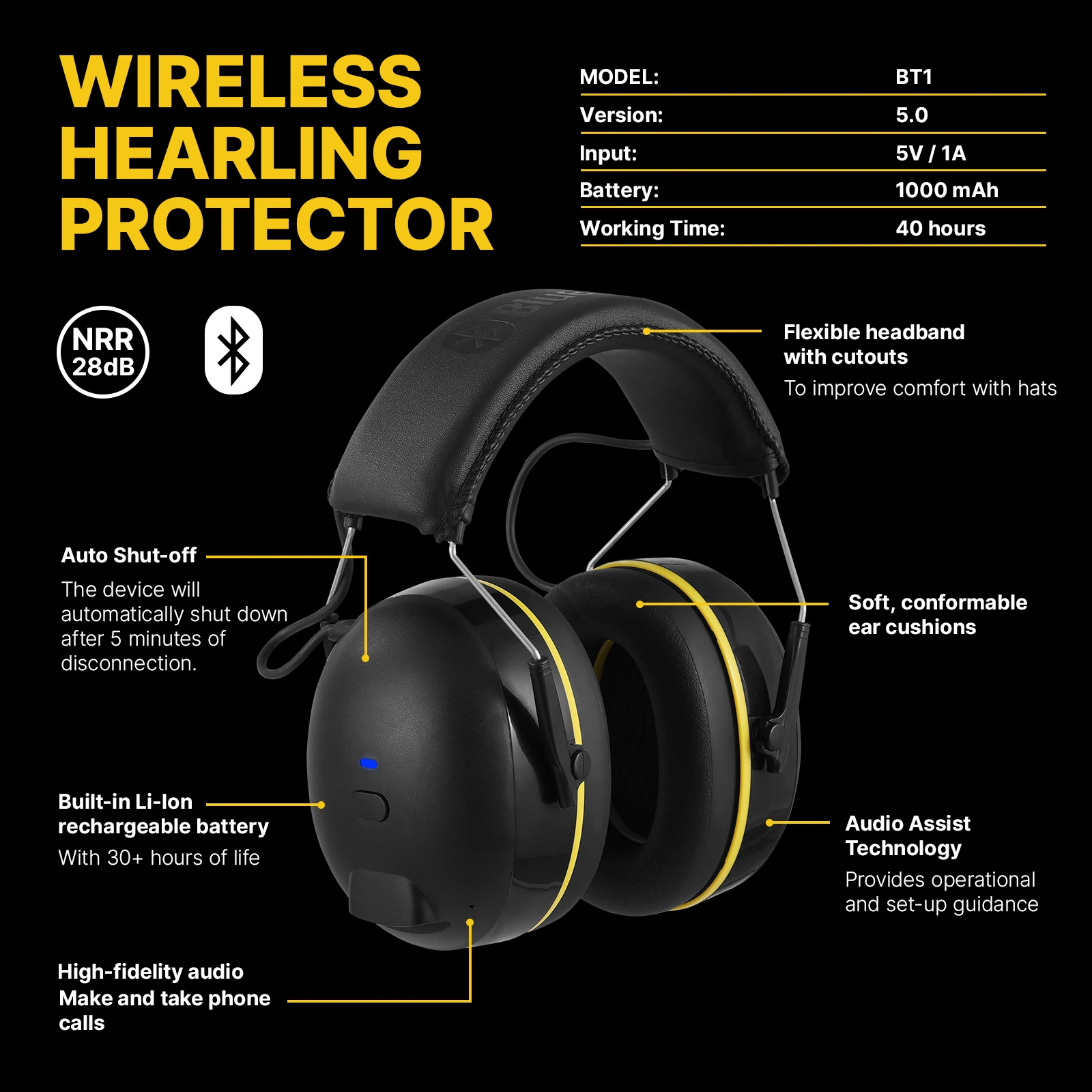 Protège-oreilles Bluetooth 28dB NRR, protection auditive pour le tir, connexion avec la technologie Bluetooth, pour les ateliers de Construction