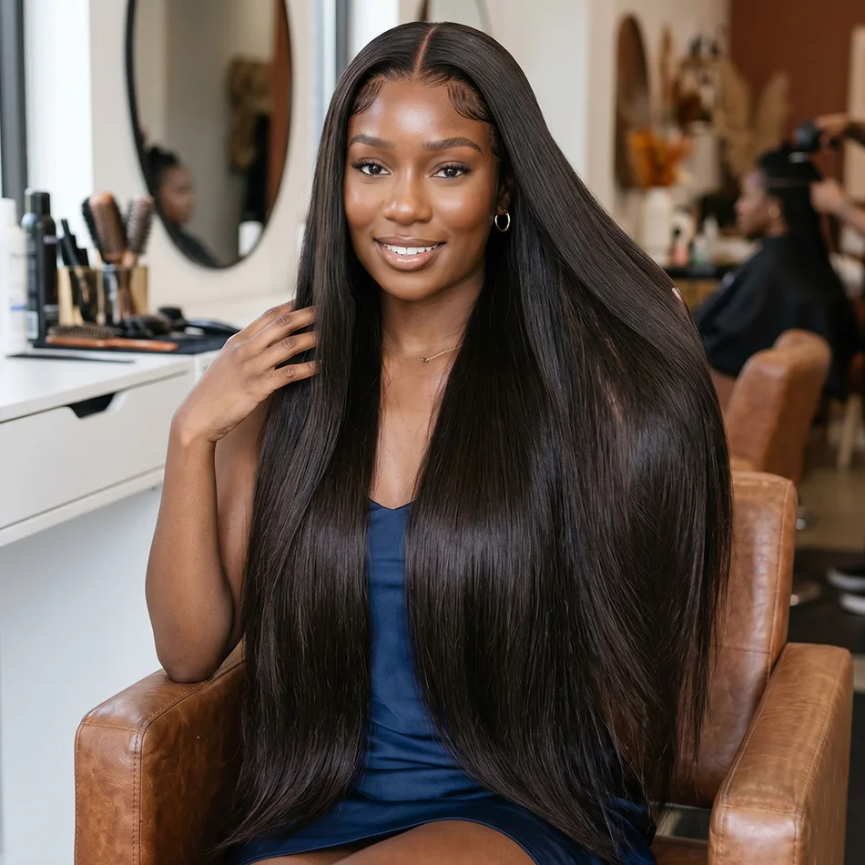 

Premium 40 Inch Extra Long 250% Density Natural Black 13x4 HD Lace Frontal Bone Straight Smooth 13x6 Remy Human Hair Wigs Pre Plucked Hairline Invisible Bleached Knots Wear and Go 5x5 Glueless Closure Full Thick Ends