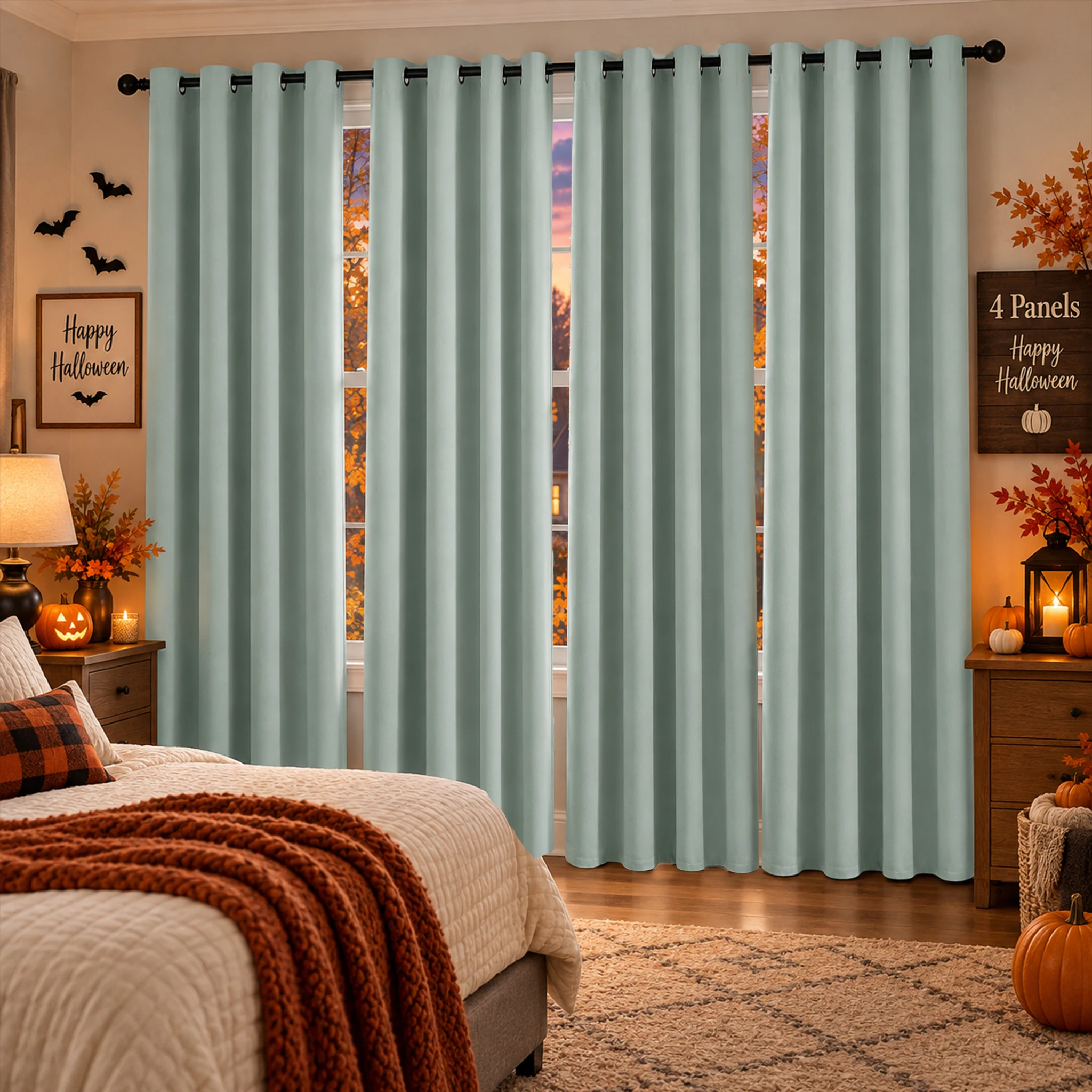Halloween Mystic Aqua Curtains 4 Pcs, 100% Blackout Thermal Insulated Window Drapes with Black Back Coating, Room Divider Panels