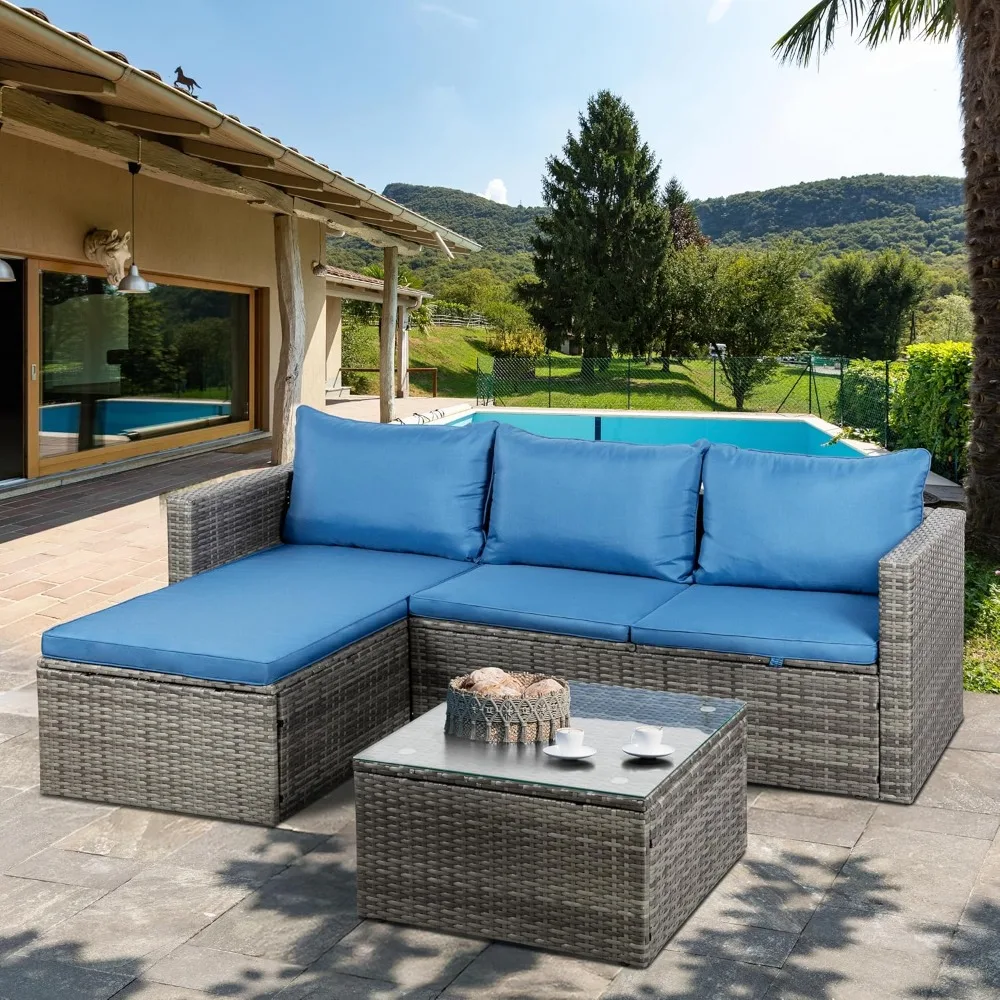 

Outdoor Patio Furniture Sets, 3-Piece Patio Seating Sofas with Glass Coffee Table and Cushion, Garden Furniture Set