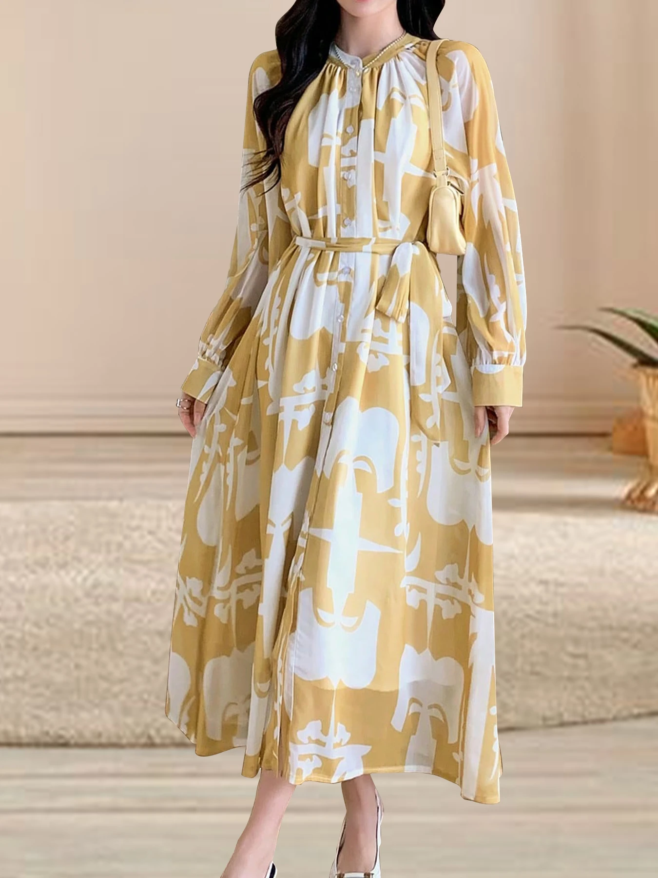 High end silk flowing dress with women's summer temperament printed long skirt, waist belt, long sleeved new silk shirt skirt