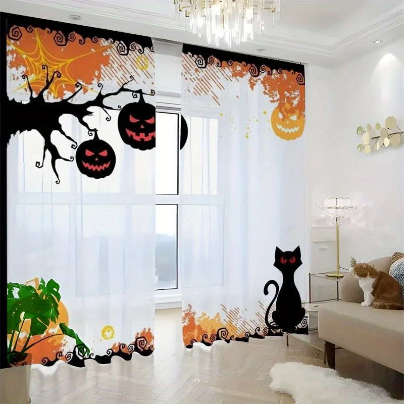 2PCS Digital Print Sheer Curtain, Black Cat Pumpkin, Halloween Spooky Holiday - Voile Drapes for Bedroom Living Room Decor - view 5