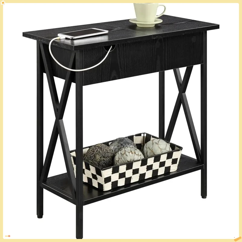 

23.75" Black Flip Top End Table with Charging Station & Storage for Small Spaces, Living Room, Bedroom