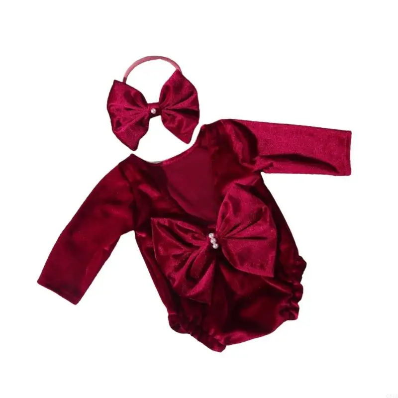 Q81A 벨벳 복장 베이비 롬 퍼 아기 사진을위한 헤드 라본 보우 노트 의류