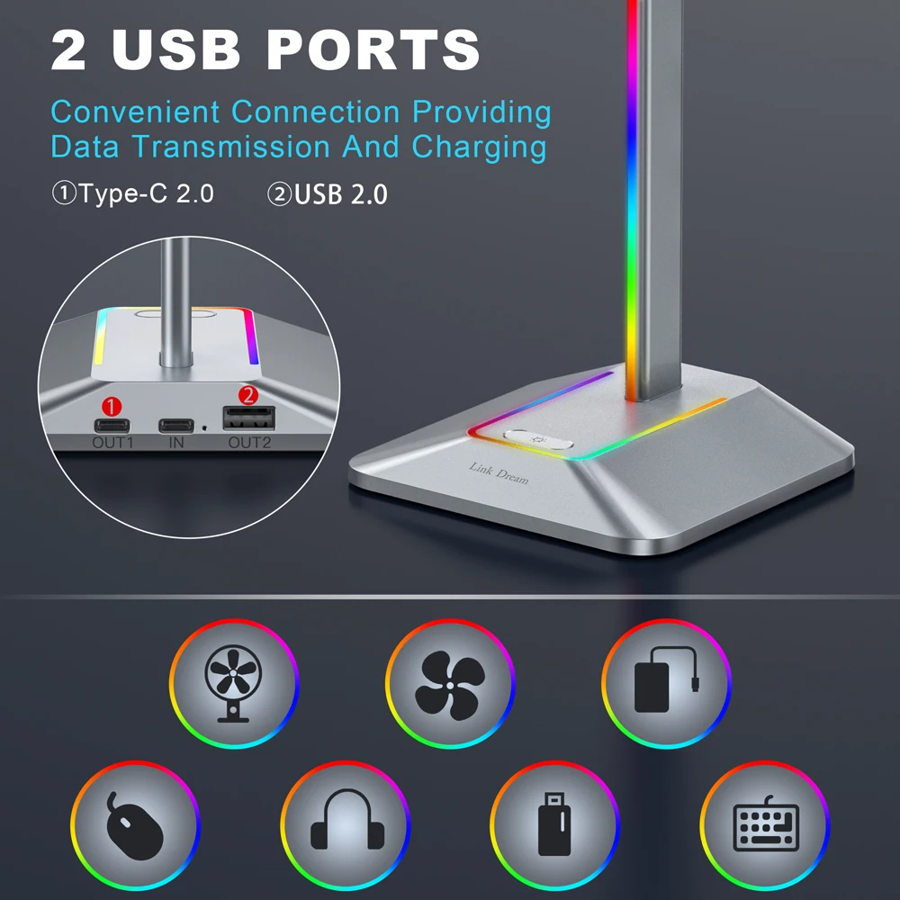Link Traum RGB Kopfhörer Ständer mit Typ-c USB Ports Kopfhörer Halter Gaming Headsets Stand Kopfhörer Zubehör Aufhänger Silber