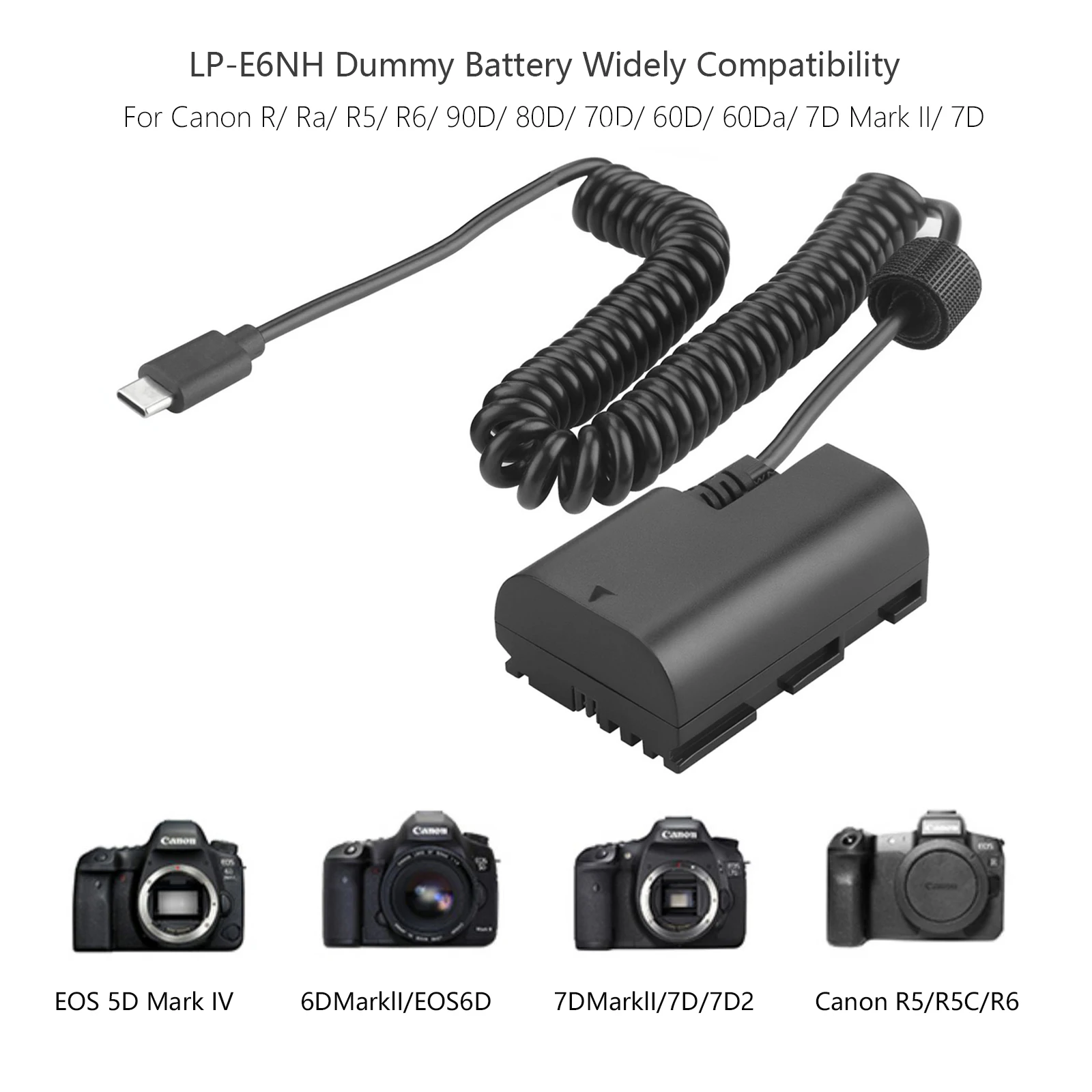 PD USB-C LP-E6NH LP-E6N Dummy Battery Coiled Power Cable For Canon Canon R5, R5 C, R6, R7, R, 5D II/III/IV, 6D, 6D II, 7D, 7D II