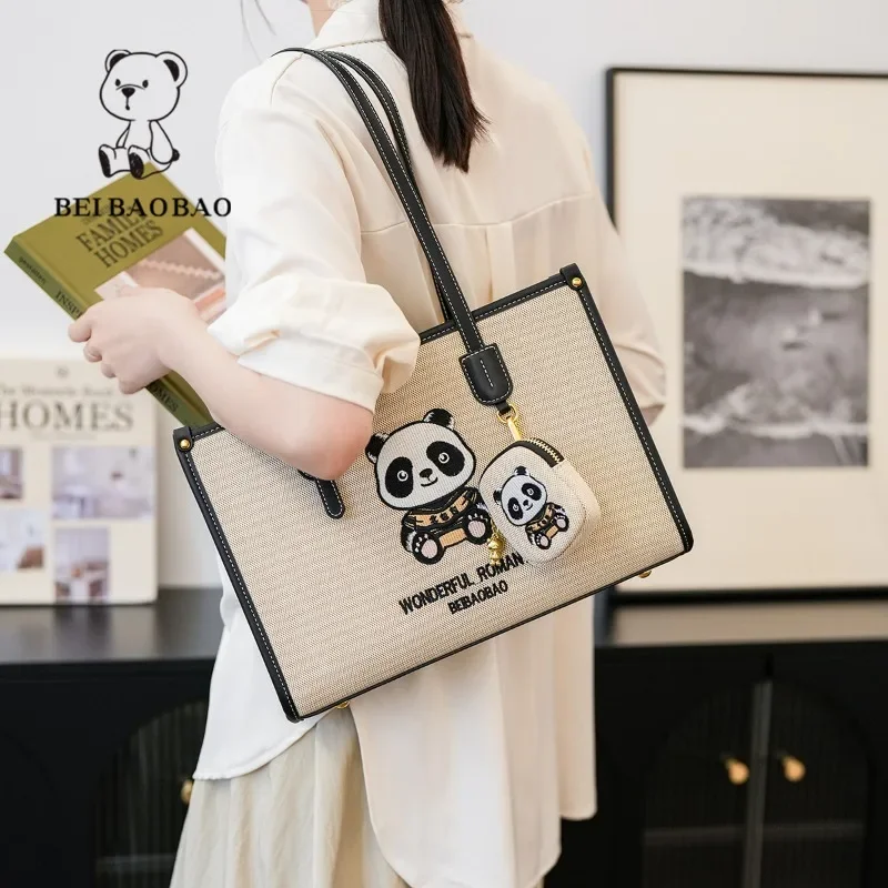 Beibaobao Women's Handbag 2024 Summer New Bear Pattern Large Capacity Daily Commuting Shoulder Bag Casual Canvas Trendy Tote Bag