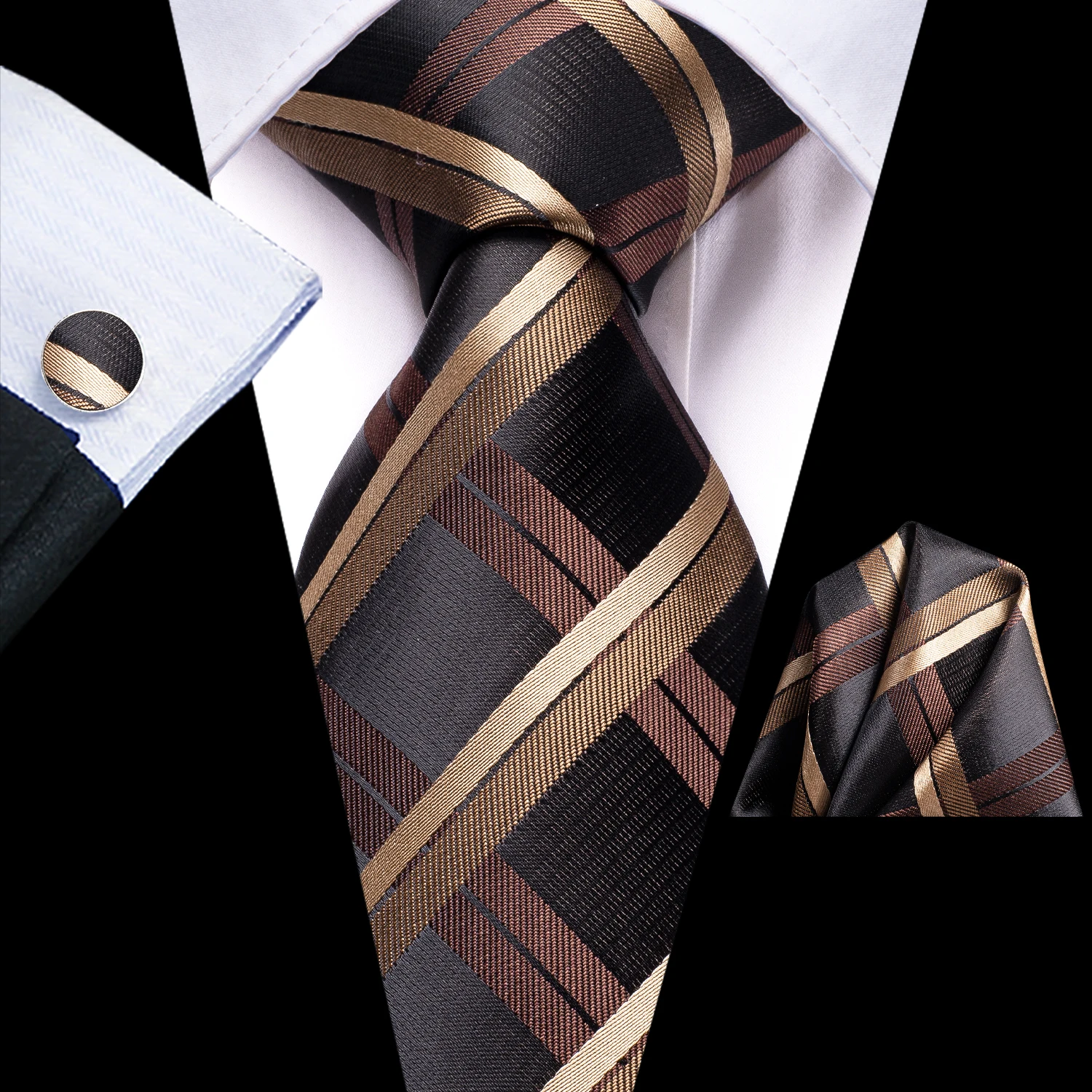 Plaid Black Brown Silk Wedding Tie For Men Gift Mens Necktie Handky Cufflink Set Fashion Business Party Dropship Hi-Tie Designer