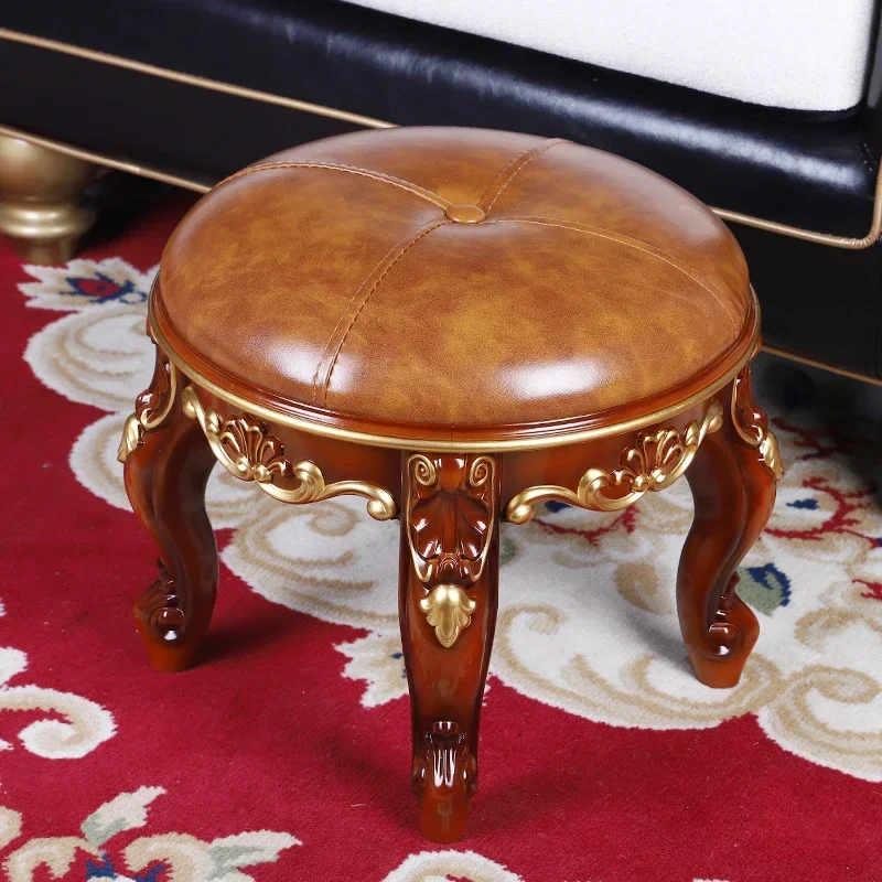 

Retro Carved Small Stool Luxury Leather Cushion Creative Low Seat Elegant Room Sofa Chair Stylish Seating Decorative Footrest