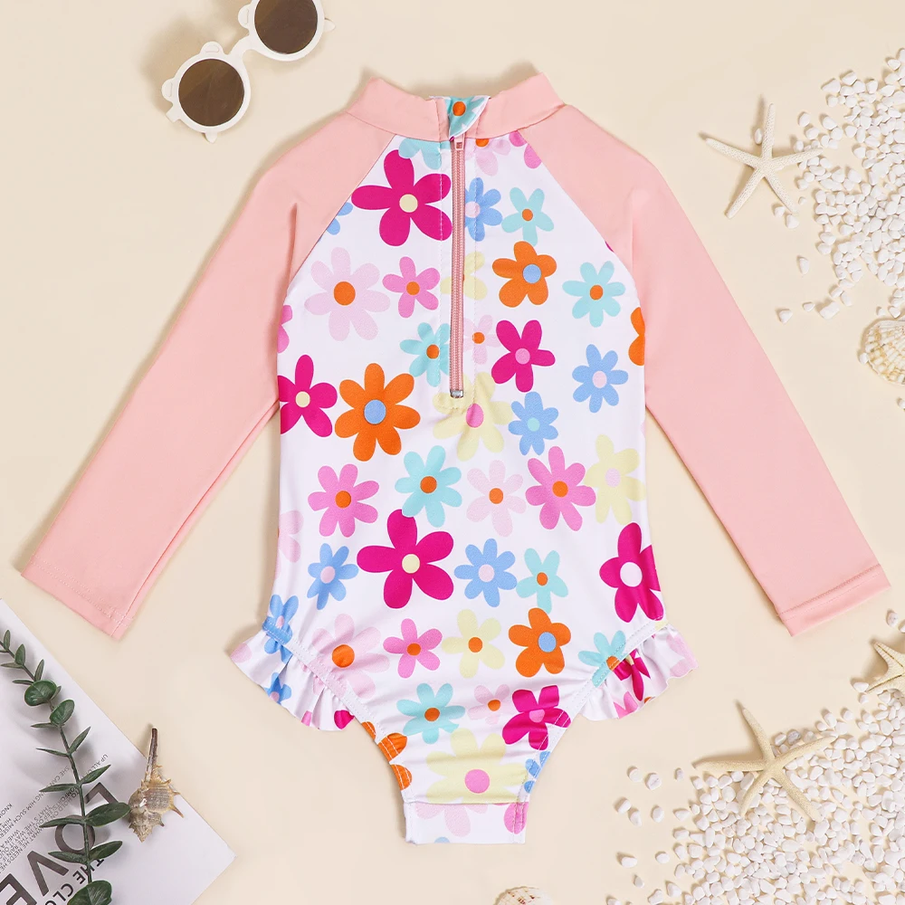 Baby Girls One Piece Swimsuits Long Sleeve Rash Guard Swim shirt Kids Hawaiian Bathing Suits Toddler Kids Zipper Swimwear